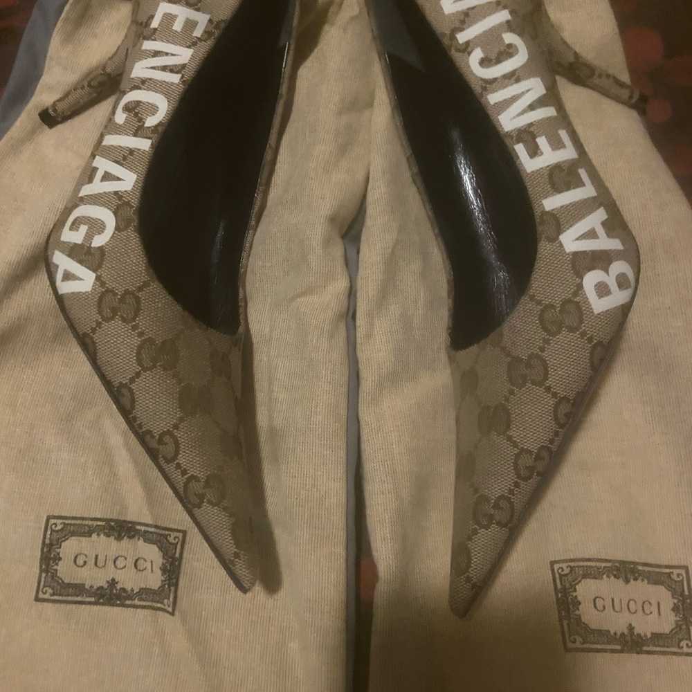 Gucci X Balenciaga Beige Monogram Heels 8.5, 38.5